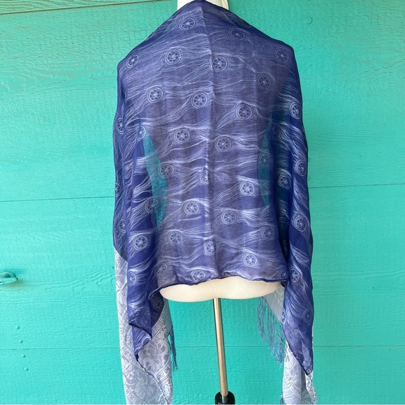 100% SILK BLUE COLORBLOCK GOLD THREAD MIXED MEDIA LARGE SCARF WRAP - Picture 7 of 7